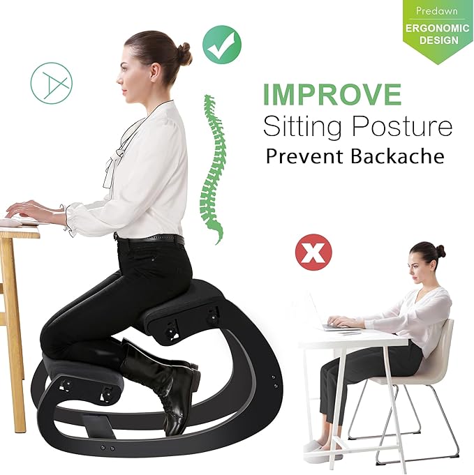 Predawn Adjustable Ergonomic Kneeling Chair – Custom Height Rocking Stool with Thick Cushions, Solid Wood Frame, and Knee Support. Ideal for Office Work or Meditation (Black)