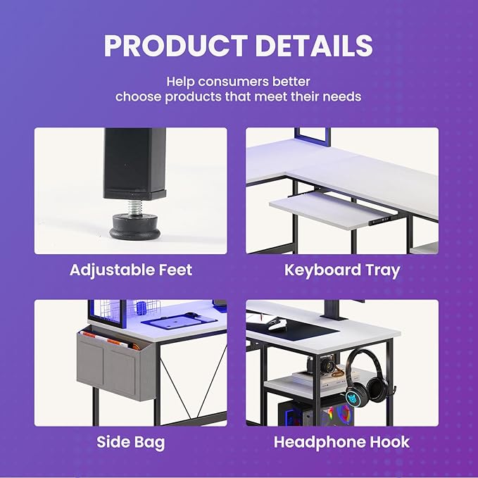DUMOS L Shaped Gaming Desk 67", Reversible Computer Desk with LED Lights, Corner Desk for Small Spaces with Keyboard Tray & Storage Shelf, Metal Frame PC Gaming Table for Home Office Bedroom, White