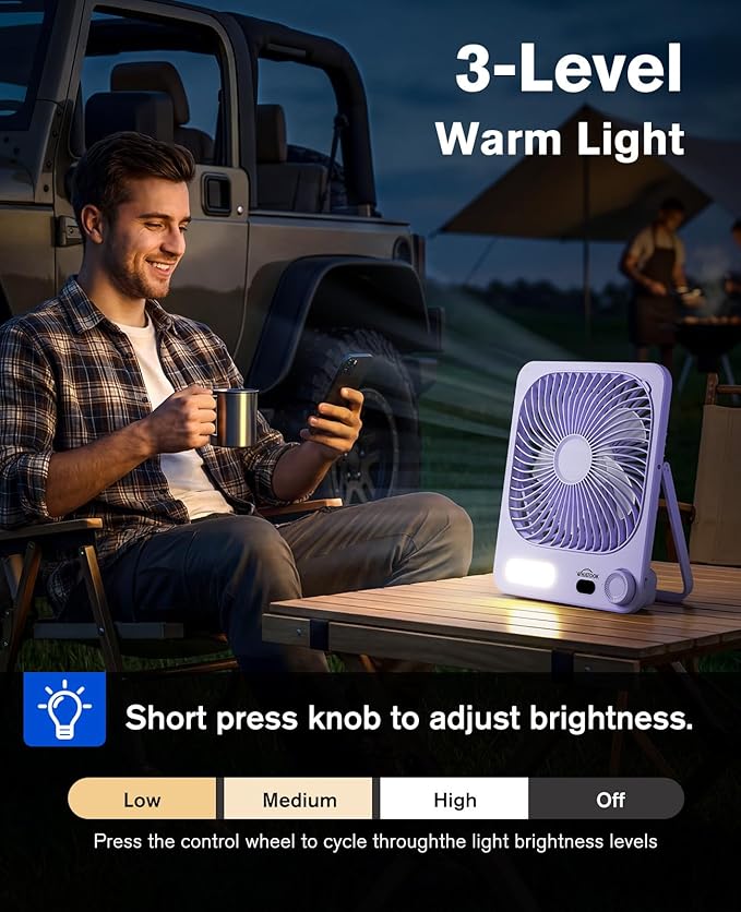 WHATOOK Small Desk Fan Rechargeable - 10000mAh Battery Operated Portable Fan with 100 Speeds & Night Light, Ultra Quiet Personal Desktop Fan for Bedroom, Office, Camping & RV Tent (Purple)