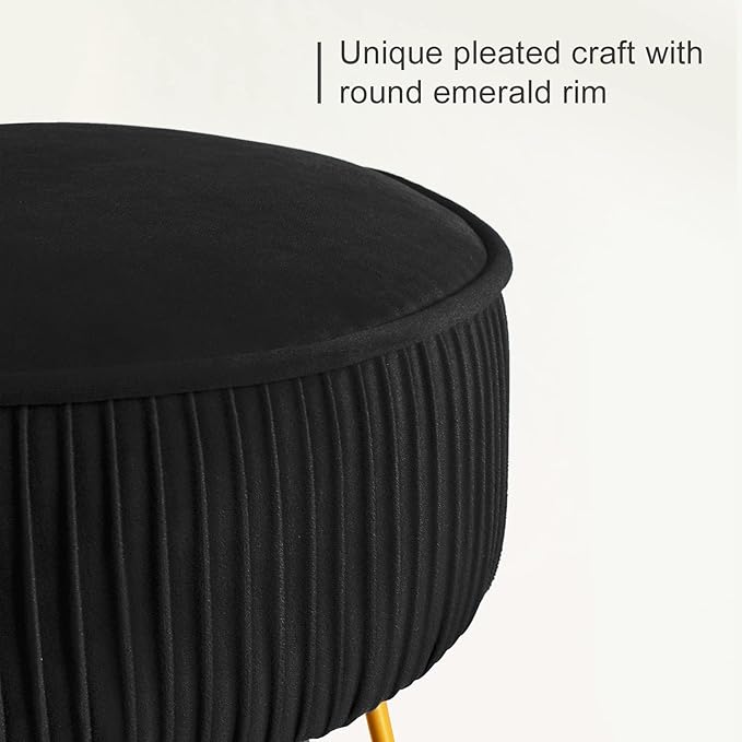 LUE BONA Pleated Vanity Stool, Velvet Upholstered Vanity Stool for Makeup Room, Ottoman Footrest with Metal Legs for Living Room, Bedroom, Black