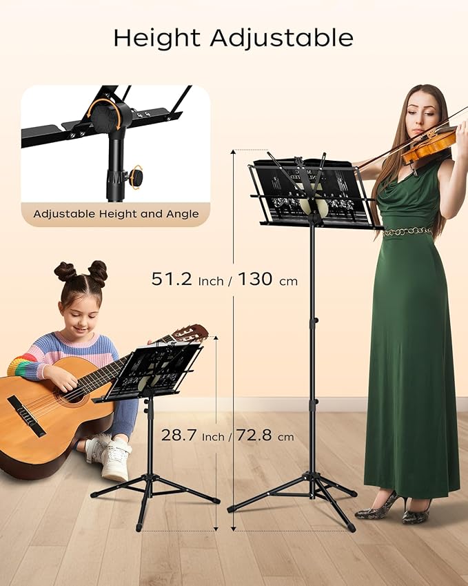 Music Stand, Kasonic 2 in 1 Dual-Use Folding Sheet Music Stand & Desktop Book Stand, Portable and Lightweight with Music Sheet Clip Holder & Carrying Bag Suitable for Instrumental Performance (2 Pack Black)