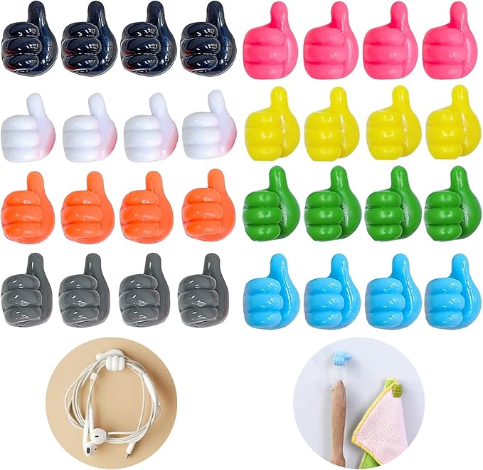 32 Pcs Self Adhesive Thumb Hooks, Waterproof Cable Holder Wire Cord Clip Management, Cute Thumb Cord Holder for Desk, Wall, Key (Multicolor)