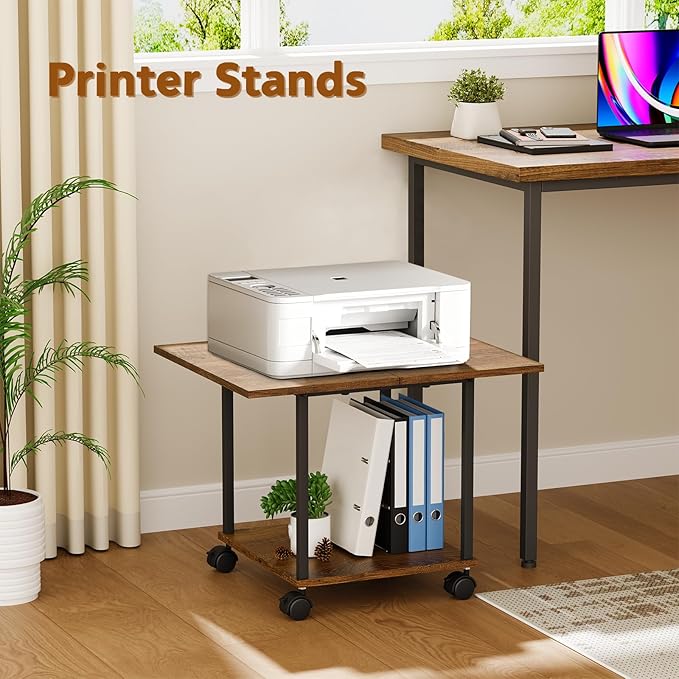 BEWISHOME 2-Tier Industrial Mobile Printer Stand, Rolling Cart with Storage Shelf, Lockable Wheels, for Home, Office (Brown) BDZ01Z