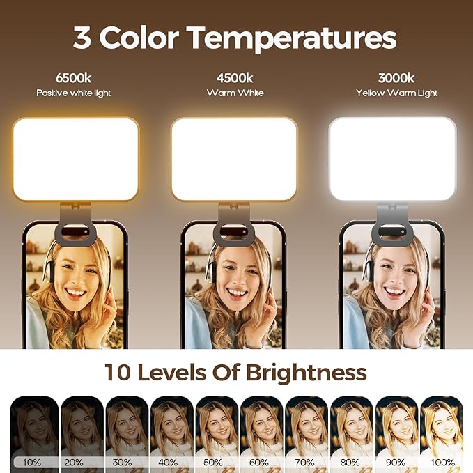 Clip-On Selfie Light for Phone & Laptop, Portable Rechargeable LED Fill Light with 3 Lighting Modes for Video Calls, Streaming, Makeup, Content Creation