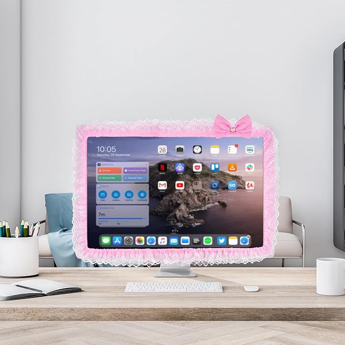 2 Pack Cute Computer Monitor Cover, 23''-26'' Elastic Monitor Dust Cover with Bow Knot, Lovely Monitor Accessories Screen Monitor Decoration for Tablet (Pink)