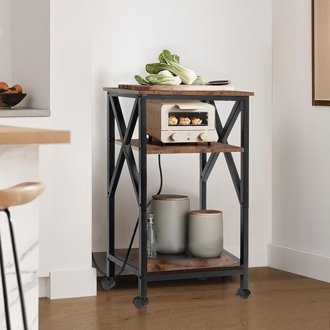 TooCust 3 Tier End Table with Charging Station, 16" W x 12" D x 28" H, Metal and Brown Bedside Table with USB Ports and Outlets, X-Shaped Side Tables with Wheels for Living Room, Bedroom, Kitchen