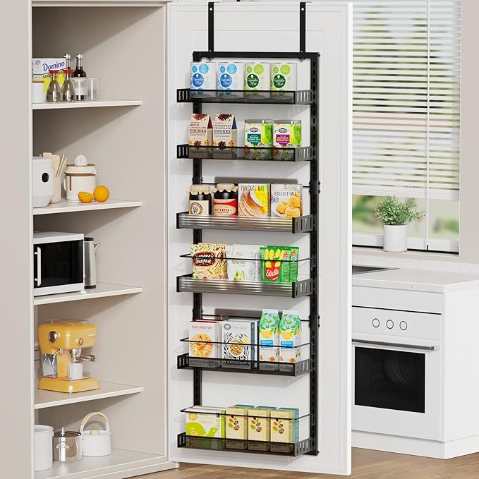 POKIPO 6-Tier Over the Door Pantry Organizer, 2 in 1 Large Door Spice Rack with Adjustable Metal Baskets, Heavy Duty Hanging or Wall Mounted Storage Organizer for Kitchen Pantry and Room Wall