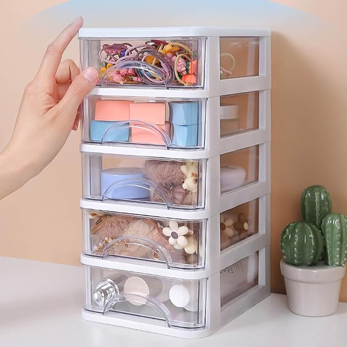 Mini Desktop Drawer Plastic White Frame with Clear Drawers Small Storage Drawers Containers Multi-layer Storage Organization Units for Storing Arts, Crafts, Sewing Accessories, Stationary (5 Layers)