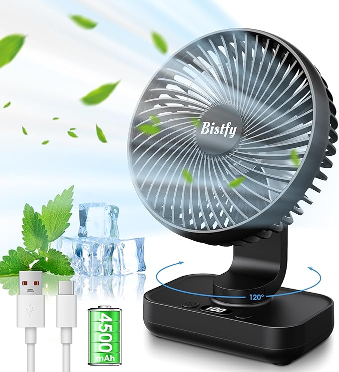 Desk Fan 5.5'' Small Fan Ultra-Silent, 120° Oscillating, 90° Adjustable Head Tilt, with Digital Display 4 Speed Portable USB Rechargeable Table Fan Ideal for Home, Bedroom, Office (Black)