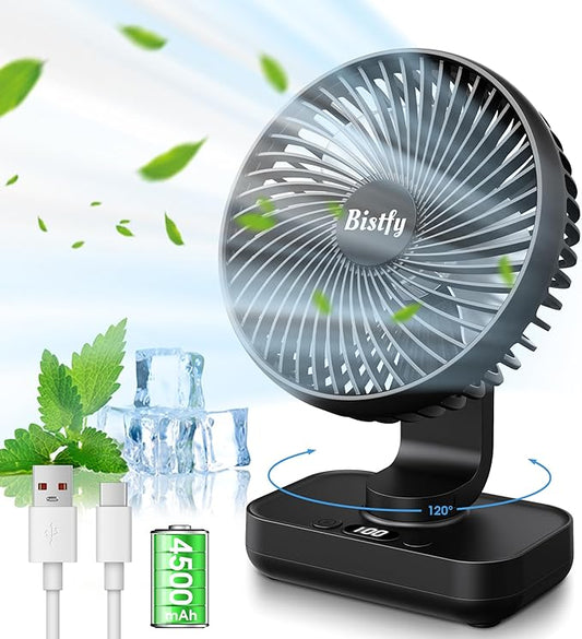 Desk Fan 5.5'' Small Fan Ultra-Silent, 120° Oscillating, 90° Adjustable Head Tilt, with Digital Display 4 Speed Portable USB Rechargeable Table Fan Ideal for Home, Bedroom, Office (Black)