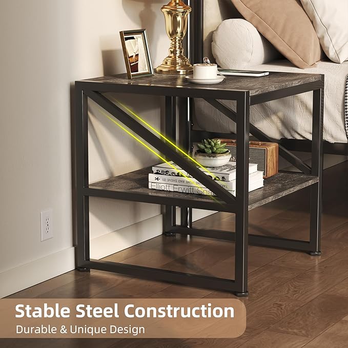 Mexin 20 Inch Square End Table, Mini Fridge Stand with 2-Tier Storage Shelf, High Load Capacity Printer Table for Living Room Bedroom, Grey Oak