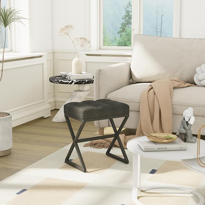YMYNY Vanity Stool, Linen Footrest Stool, Ottoman Bench with X-Shaped Metal Legs, Makeup Dressing Stool for Vanity, Living Room, Bedroom, Entryway, Hallways 15.74" D×11.81" W×18.11" H Black UHBD033B