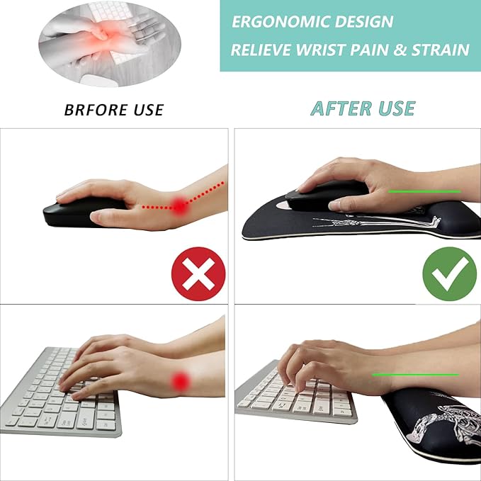 Keyboard Wrist Rest Pad Mouse Pad with Wrist Support Set of 3, Gaming Mousepad with Non-Slip Rubber Base, Ergonomic Memory Foam Mouse Cushion Support for Home Office Laptop Computer, Human Skeleton