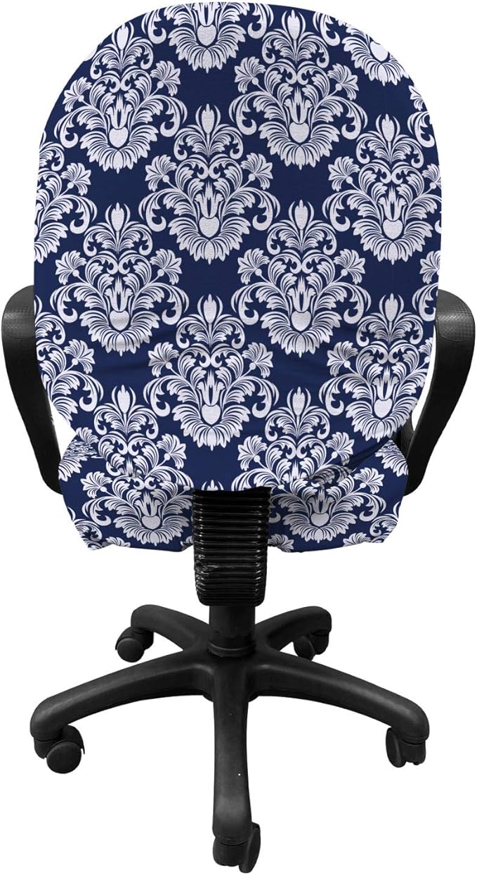 Ambesonne Damask Office Chair Slipcover, Abstract Floral Vintage Antique Victorian Design Renaissance Flourish Print, Decorative Stretch and Washable Fabric Cover, Standard Size, Dark Blue White
