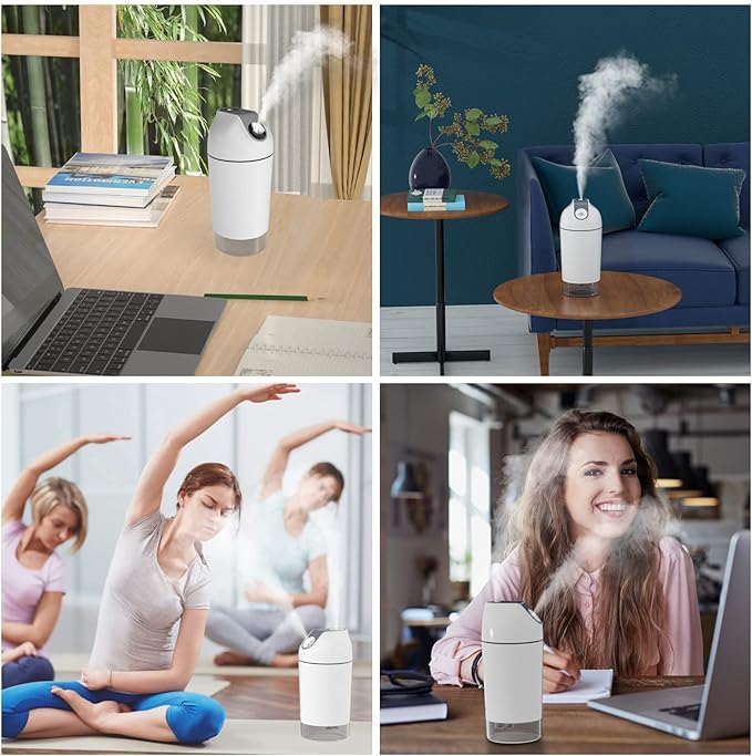 Mini Humidifier-Battery Operated 480ml Cordless Portable Small Humidifier USB Rechargeable Personal Desktop Humidifiers With Night Light & 4 Spray Modes for Car, Baby, Plants (White, 2600mAh)