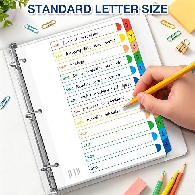 H4D Monthly Binder Dividers for 3-Ring Binder, Jan-Dec 12 Tab Dividers with Customizable Table of Contents, Multicolor Tabs, Reinforced Holes, Letter Size, Bright, 4 Sets