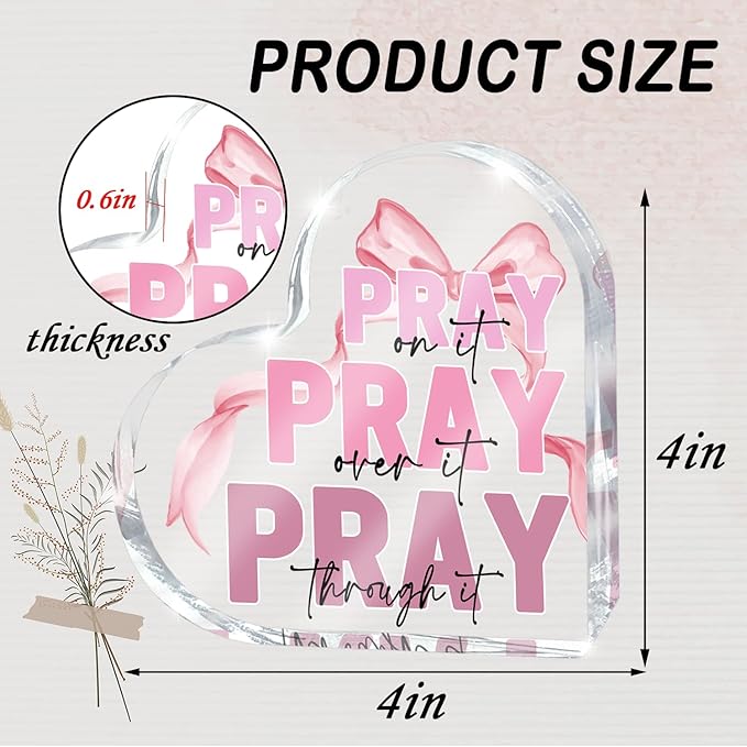 Pink Desk Decor, Bow Acrylic Heart Sign Decor Bathroom Bedroom, Christian Gift for Coworkers, Friends and Family, 4 Inch