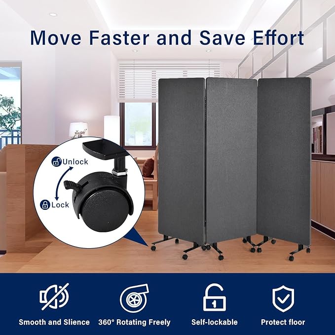 72" X 66" Acoustic Room Divider, 3 Panel Folding Privacy Partition with Wheels, FreestandingTackable Offices Screen, Portable Sound Proof Partition Wall for School, Clinic, Or Home Working Space