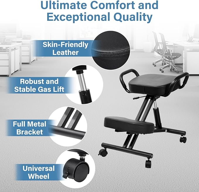 Ergonomic Kneeling Chair, Kneeling Chair with Locking Wheels, Adjustable Height Kneeling Support Chairs, PU Computer Kneel Chairs for Living Room