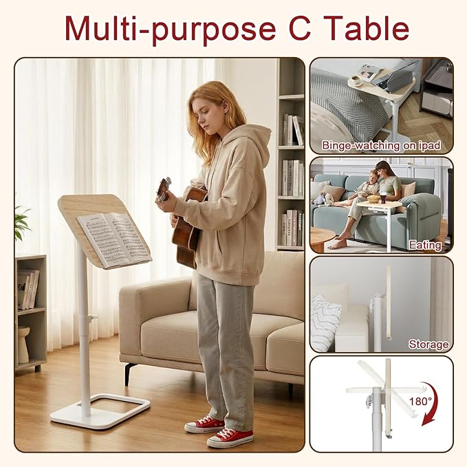 GOYLSER TV Tray Table for Couch, Height Adjustable/360° Swivel/180° Flip-Over Panel Design C-Shaped End Table, Sofa End Side Table with Phone & Tablet Slot for Eating, Laptop, Couch (Natural)