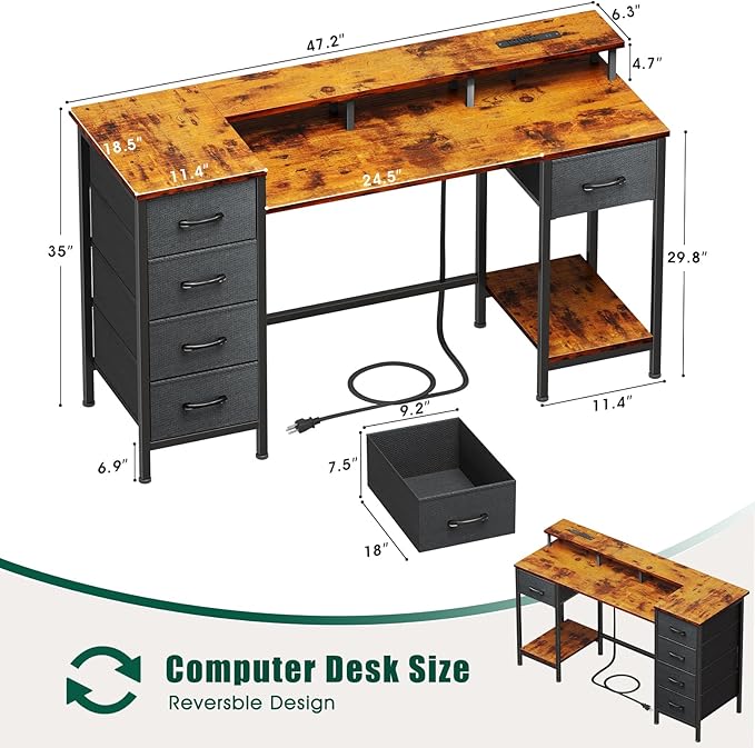 Korfile 47 Inch Gaming Desk with Power Outlets and LED Lights, Reversible Computer Desk with 5 Fabric Storage Drawers, Home Office Desk with Monitor Stand for Working Writing Study, Rustic Brown