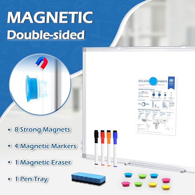 DOLLAR BOSS White Board Magnetic Dry Erase Board, 24 x 18 Inch Double-Sided Whiteboard for Wall Silver Aluminum Frame for Office School Home with 8 Magnets 4 Markers 1 Eraser 1 Detachable Pen Tray