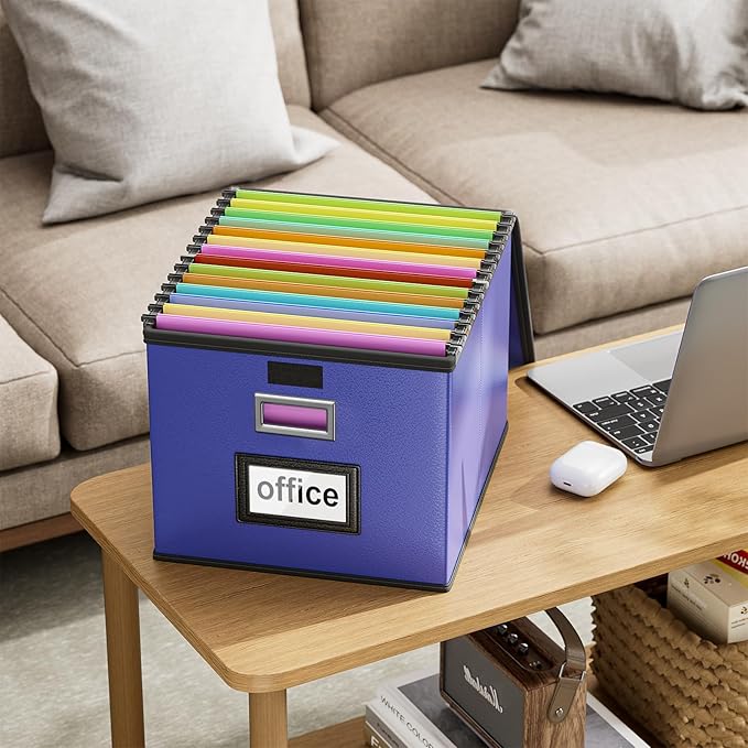 Portable Leather File Organizer Boxes with Lids, Collapsible File Folder Organizer Boxes, Decorative Small Filing File Cabinet for Home/Office, Easily Store Documents/Hanging File Folders
