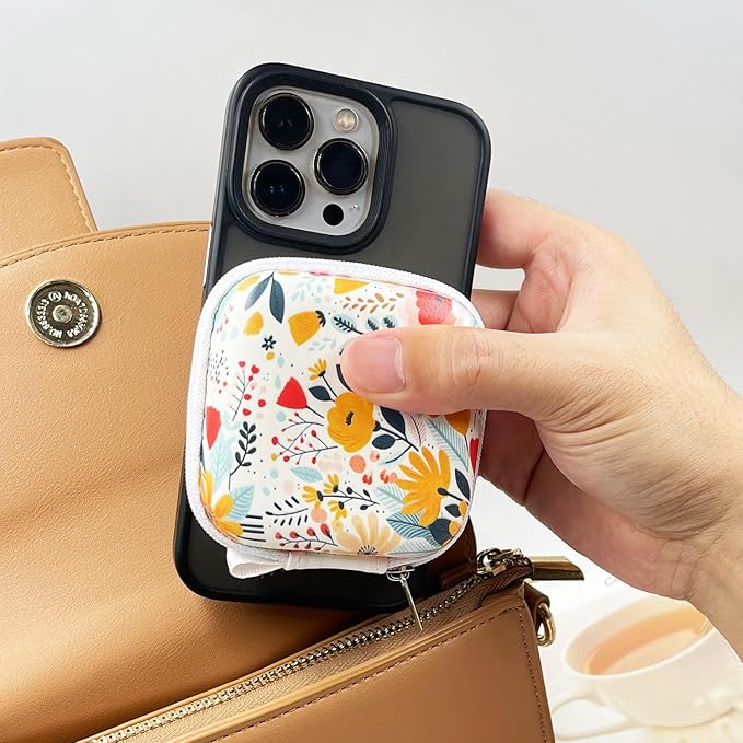 Square Earbud Case Headphone Organizer Ear Bud Case Portable EVA Carrying Box Storage Bag with Carabiner for AirPods Beats Bose Galaxy Buds 3 Data Cable Storage (Blooming Floral)