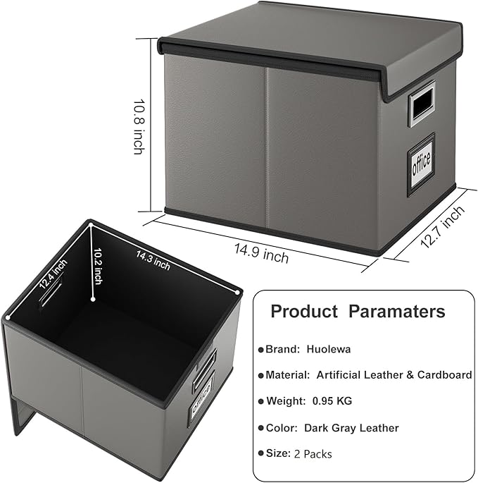File Organizer Boxes with Lids, Collapsible Faux Leather Hanging File Folder Box Organizer with Plastic Slide, Decorative Home/Office Filing System Boxes for File and Folders Storage