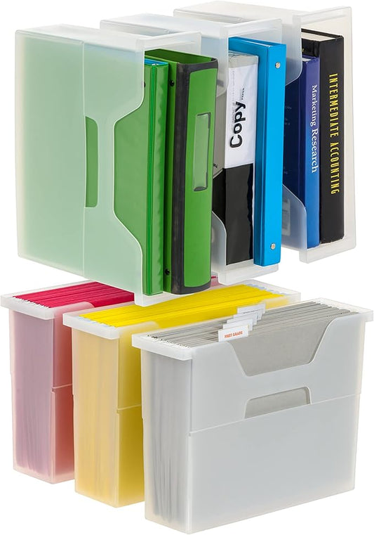 IRIS USA Small Portable Desktop File Box with Open Lid, 6 Pack, Side Handles, Hanging File Folders, Tabs & Inserts, Letter Size, Magazines, Newspapers, Mail, Books, Notebooks, Clear