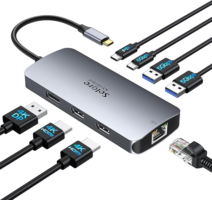 USB C Docking Station Dual Monitor, Selore Docking Station 3 Monitors Triple 4K Display with 2 HDMI, DisplayPort, 1Gbps Ethernet, 100W PD Charging, USB 3.0 Ports Adapter for Dell, HP, Lenovo,etc