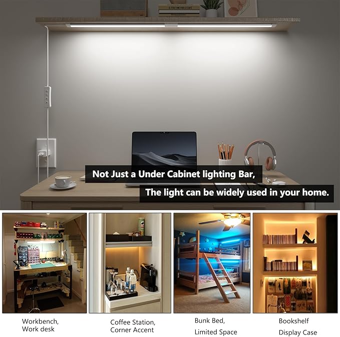 Under Cabinet Lighting USB Plug In 20Inch Under Counter Light Fixtures,3 CCT(3000K/4000K/6000K), 6W, 560LM Dimmable Slim Indoor LED Light Strip for Desk, Shelf, Kitchen Cabinets, Closet, Monitor, 1pcs