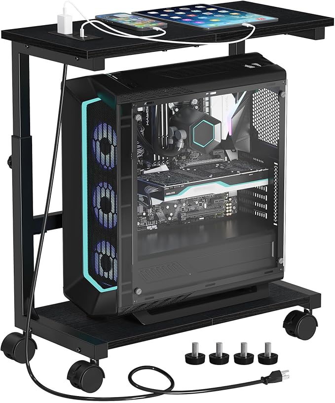 Snughome Height Adjustable PC Tower Stand with Charging Station, Rolling CPU Cart with USB & Locking Wheels, 25.0"-32.1", Computer Tower Stand Floor Stand for Home Office Gaming Desk