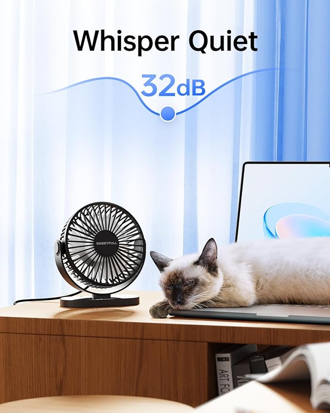SWEETFULL USB Desk Fan Small Quiet - 3 Speeds Mini Personal Portable Fan 360° Rotation Adjustable, 5.5 Inch Office Table Cooling Gadgets on Desktop (Black)