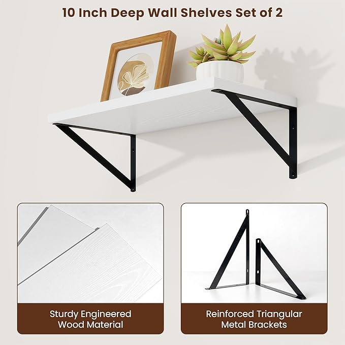 Axeman Deep Floating Shelves | 20 Inch White Wall Shelves Set of 2 | 10 Inch Deep Rustic Wood Shelves for Wall | 20'' W x 10''D White Shelves for Living Room Bathroom Kitchen
