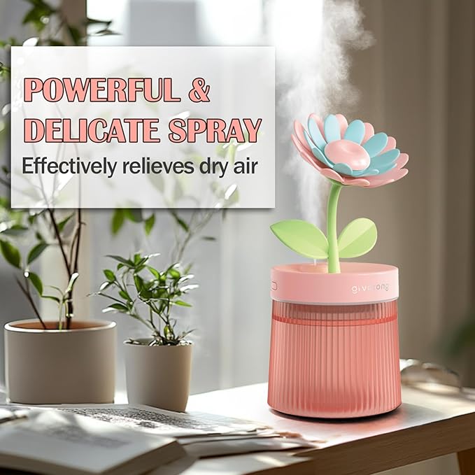 Cute Mini Humidifier 320mL Cool Mist Humidifie mute with 2 Mist Modes,for Home/Nursery/Office,Portable Mini Air Moisturizer,rechargeable mini humidifier(Sunflower Pink)