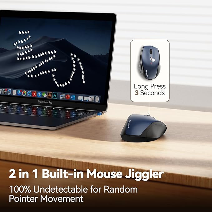 TECKNET Rechargeable Mouse with Jiggler, Plug & Play, 2.4G Connection with USB-C Adapter, Silent Mouse Quiet Click, 6400 DPI Ergonomic Mouse, Cordless Computer Mice for Laptop, Desktop, PC