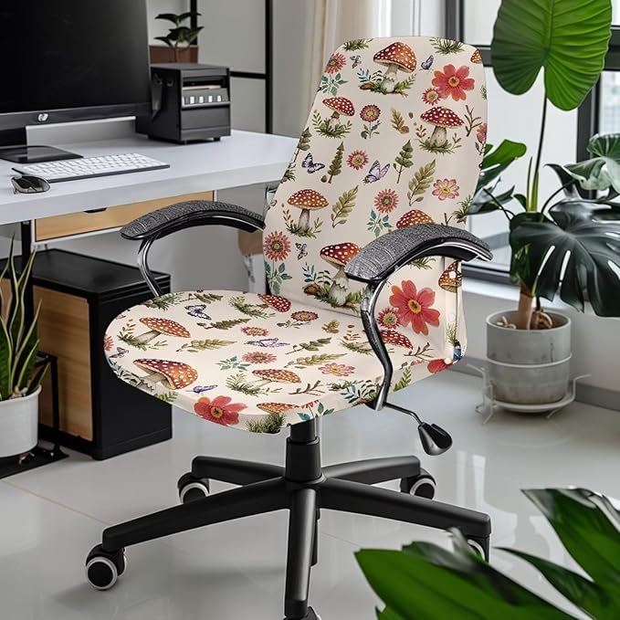 Talayituse Mushroom Butterfly Flower Leaves Print Office Chair Covers, Stretch Computer Chair Cover, Universal Boss Chair Covers Modern Simplism Style High Back Chair Slipcover, Small
