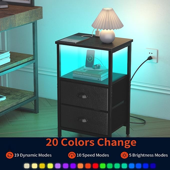 sthmec Nightstand with Charging Station, LED Night Stand Set 2, Bedside Table End Table Set of 2, Bedroom Table with 2 Fabric Drawers PU Finish, 3-Tier Storage Side Table for Bedroom,Black
