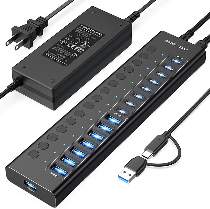 Powered USB 3.2 Hub, ACASIS 16 Ports USB 3.2 Hub(8 USB-A 3.2 Ports+8 USB-C 3.2 Ports), Aluminum USB Hub Powered with 96W Power Adapter, USB Hub for PC/Laptop, Computer, Flash Drive, Printer, Camera