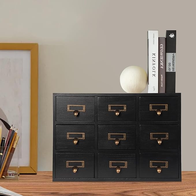 9-Drawer Wooden Desk Organizer Storage Box with Label Holders Vintage Wood Desktop Organizer, Desk Drawer Unit Collectors Box for Living Rooms, Bedrooms, Offices (Black, 1PC 9 Drawers)
