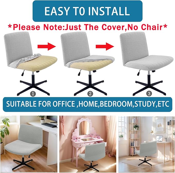 Vanity Chair Cover Criss Cross Chair Cover Elastic Armless Chair Slipcover Armless Chair Covers Office Chair Covers (Light Grey,Just The Cover,No Chair)