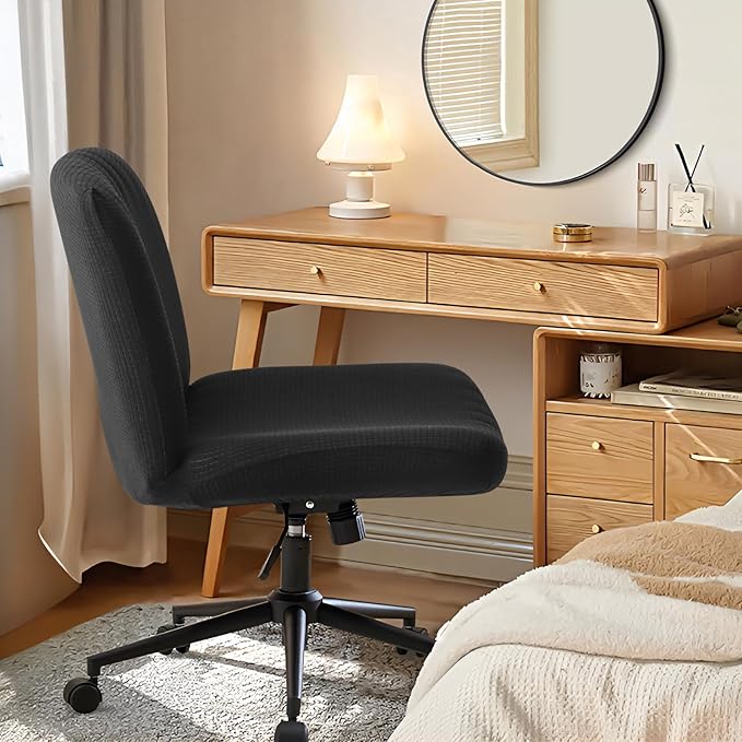 Criss Cross Chair Cover Black Armless Wide Back Chair Cover Water Resistant Stretchable Slipcover for Wide Seat Desk and Vanity Chairs Washable