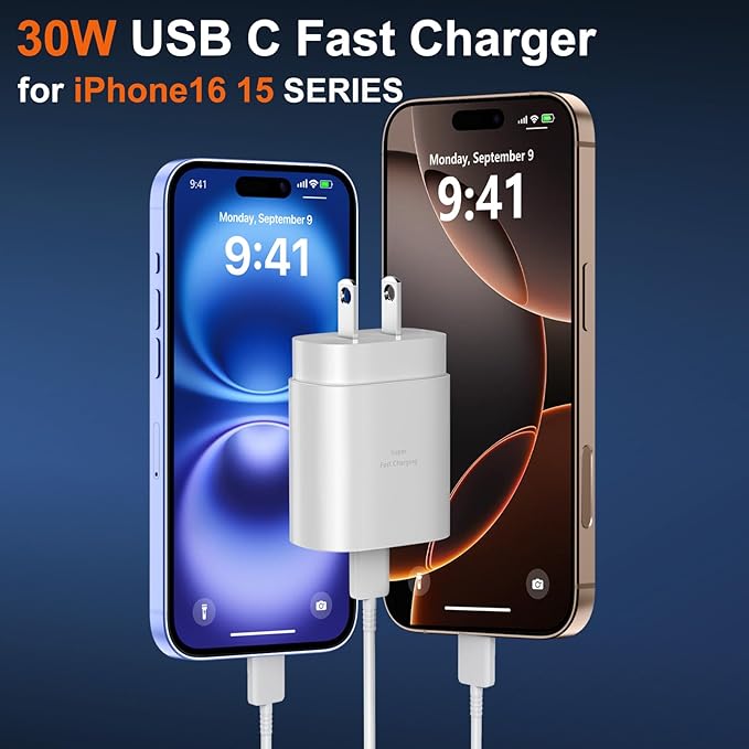 iPhone 16 15 17 Pro Max Charger 30W Type C Chargers USB C Fast Charger Block iPhone 16 Chargers Fast Charging with 6FT C Charging Cable for iPhone 17/17 Pro Max/16/16 Pro Max/15/15 Pro/iPad/Samsung