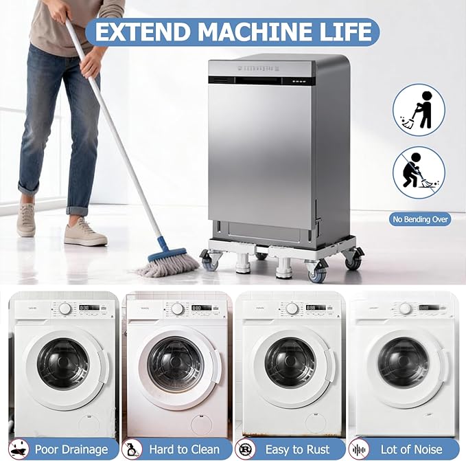 Mini Fridge Stand With 4 Locking Swivel Wheels & 4 Strong Feet Double Fixed Rods Heavy-Duty Washing Machine Stand Adjustable Appliance Dolly Mover Mobile Base Laundry Pedestal For Washer, Dryer, White