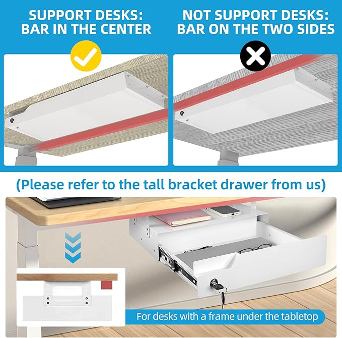 Under Desk Drawer Storage with Lock, Metal Undermount Table Drawer, Ball Bearing Slides Out Tray Organizer for Paper, Pencil, and Laptop 24"x10.3"x2.1", White with Divider