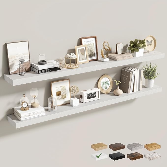 Acovy 55 Inch Floating Shelves for Wall 2 Pack, 55" Wall Shelves for Books, Storage, Decor, Wall Mounted Floating Shelf with Invisible Brackets for Kitchen, Living Room, White