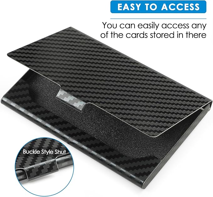 MaxGear Metal Business Card Holder for Men & Women, Stainless Steel Business Card Case Holds 10–20 Cards, Slim Pocket Name Cards Holder with Interior Lining & Buckle Closure, Black Carbon Texture