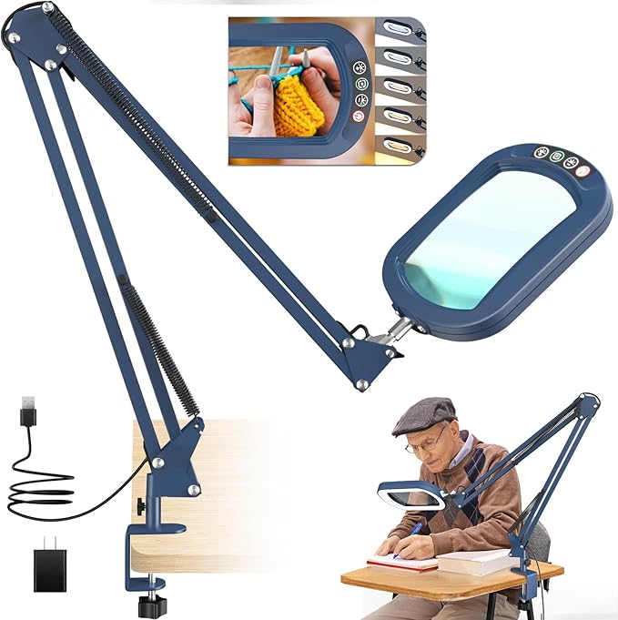 16" Extra Long Magnifying Glass with Light and Clamp, Real Glass, 5 Color Modes, Stepless Dimmable, Lighted Magnifier with Stand Hands Free, LED Swing Arm Desk Lamp for Close Work, Craft, Blue