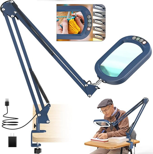 16" Extra Long Magnifying Glass with Light and Clamp, Real Glass, 5 Color Modes, Stepless Dimmable, Lighted Magnifier with Stand Hands Free, LED Swing Arm Desk Lamp for Close Work, Craft, Blue